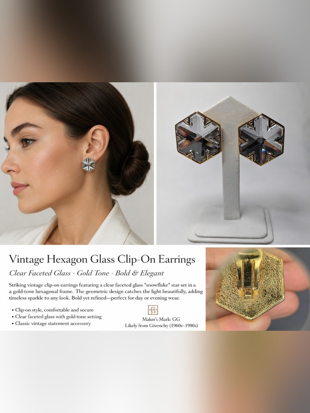 Vintage Clear Faceted Glass Hexagon Clip-On Earrings - Gold Tone